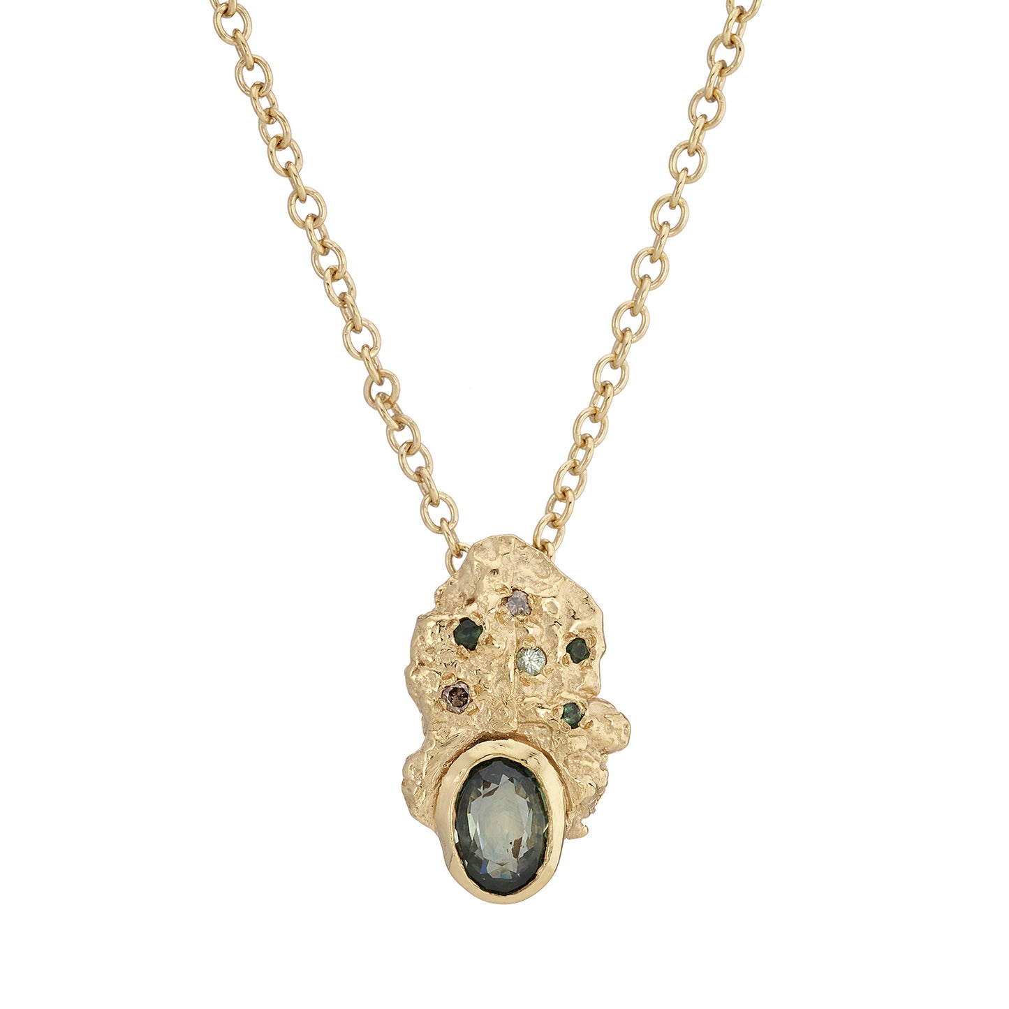 OOAK 9ct Gold London Plane Sapphire Scatter Pendant