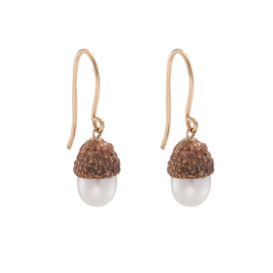 Bronze Acorn Pearl Drop Earrings