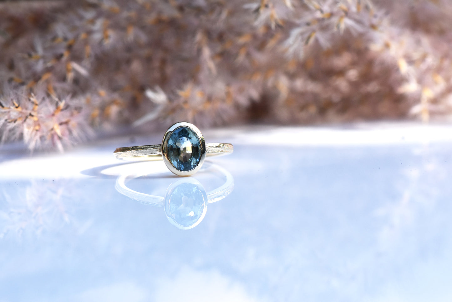14ct English Oak Ring with Blue Sapphire