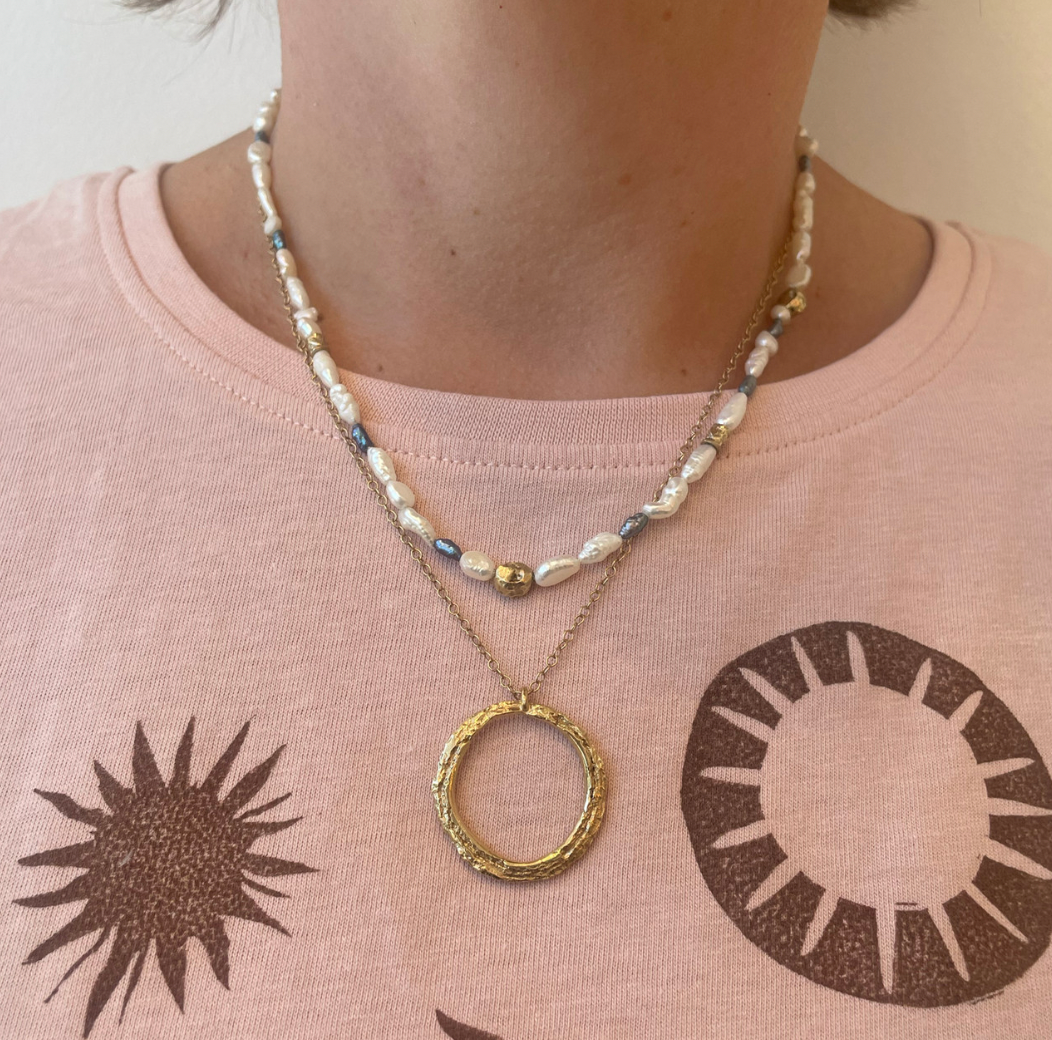 Pearl Necklace with Golden Bark Nuggets