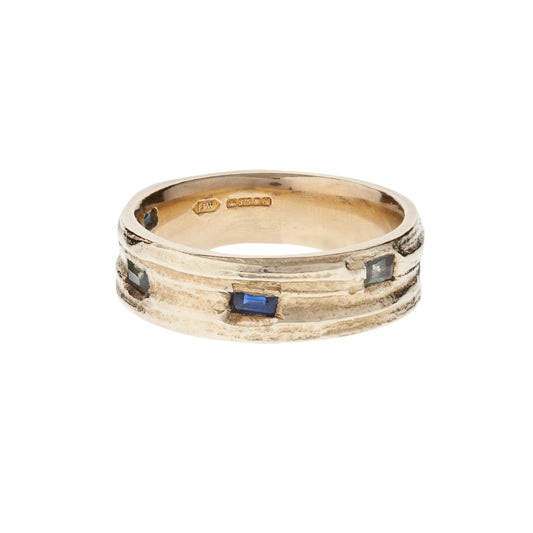 9ct Gold English Oak Ring with Green Sapphires and Blue Tourmaline Baguettes