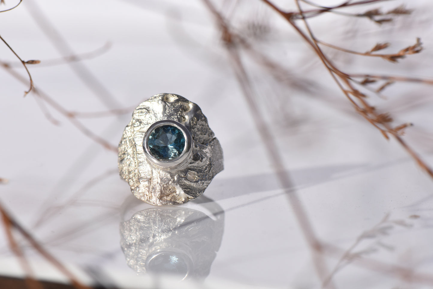 Cherry tree shield ring - silver and salt and pepper aquamarine
