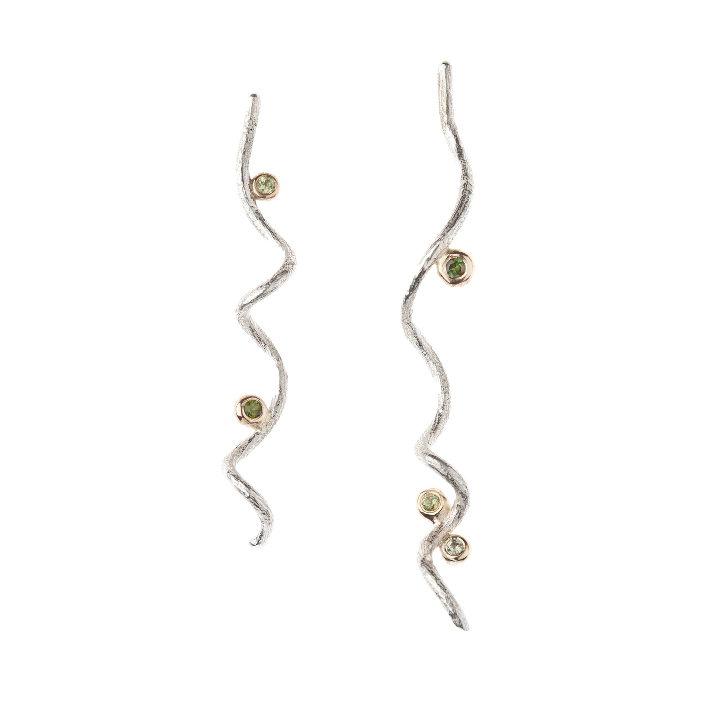Corkscrew Earrings - Silver, peridot, sapphire and tourmaline