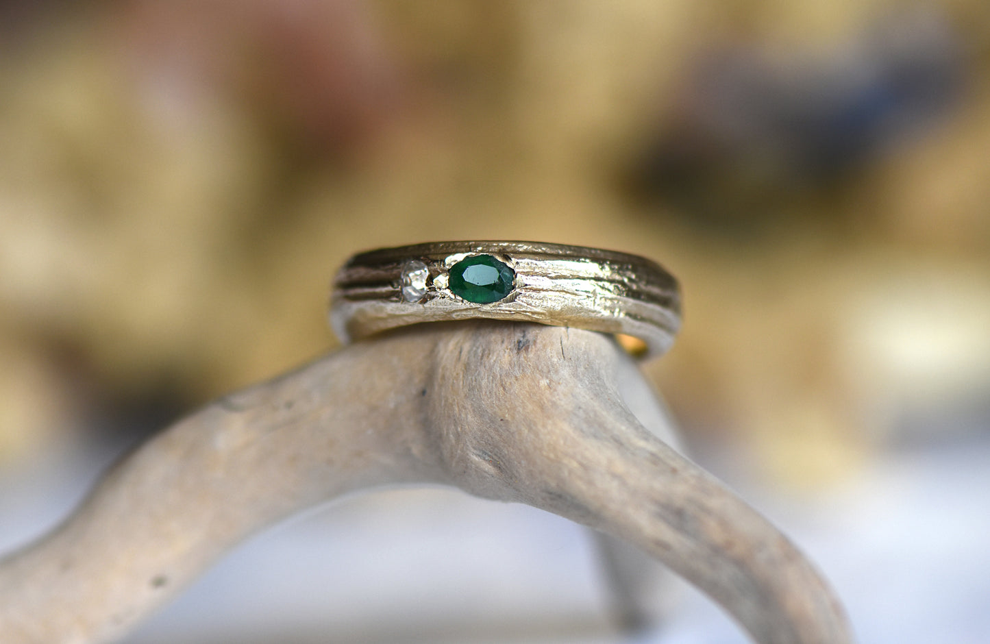 9ct Gold English Oak Emerald and Diamond Ring