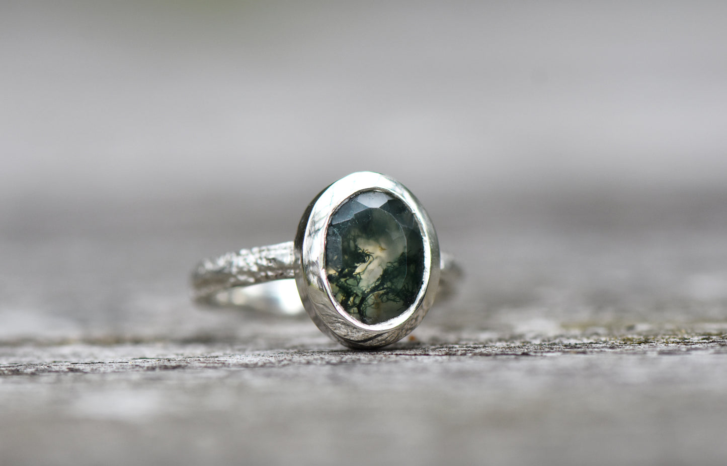 Moss Agate and Oak Ring