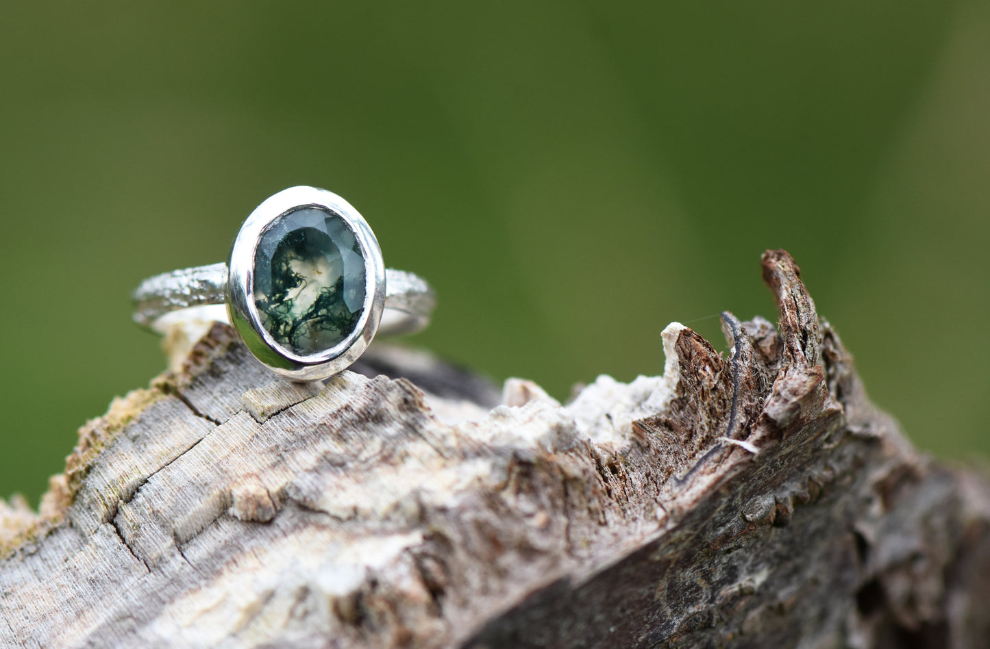 Moss Agate and Oak Ring