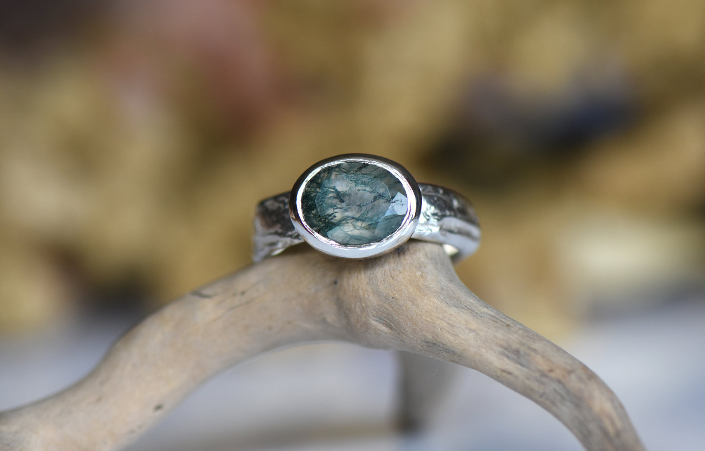 Silver Moss Agate Oak Ring