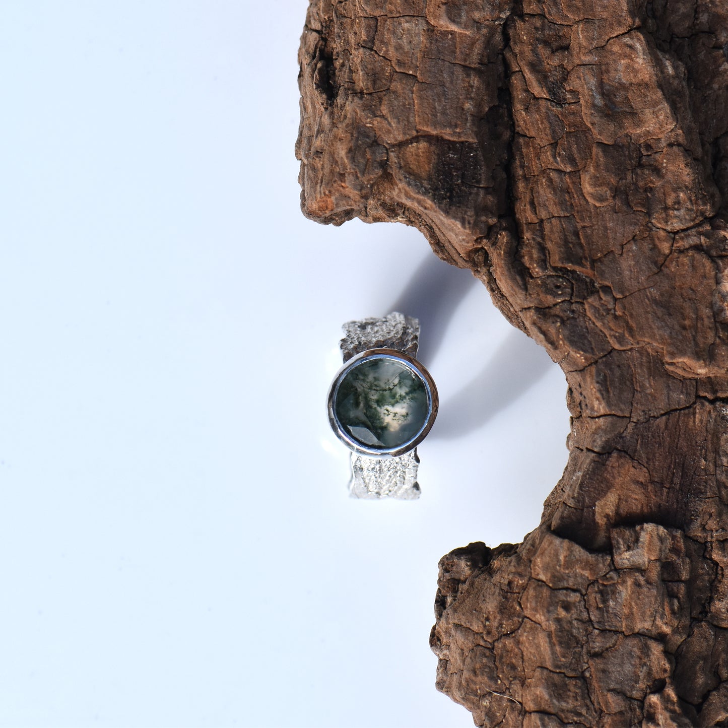 London Plane and moss agate ring - silver