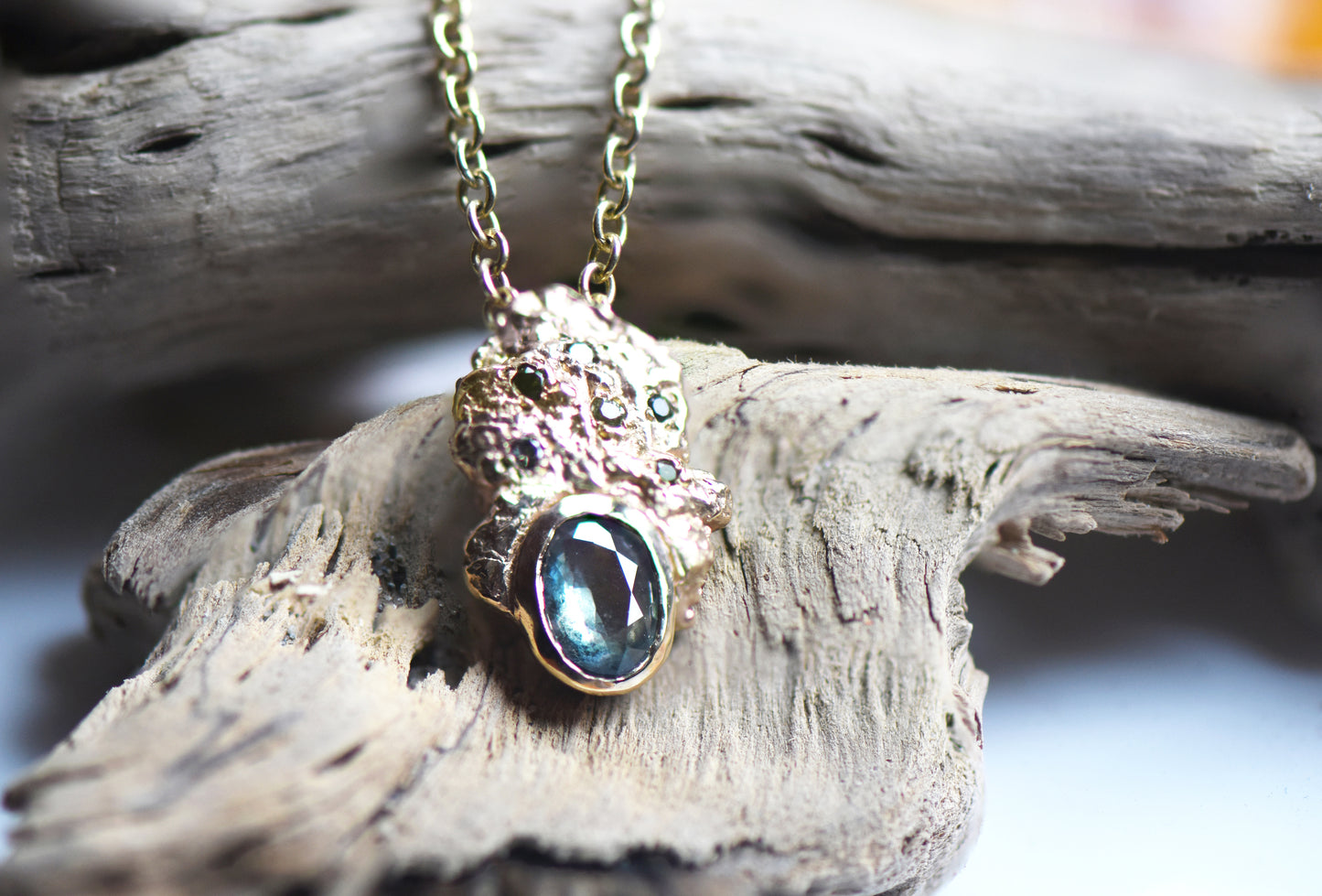 OOAK 9ct Gold London Plane Sapphire Scatter Pendant