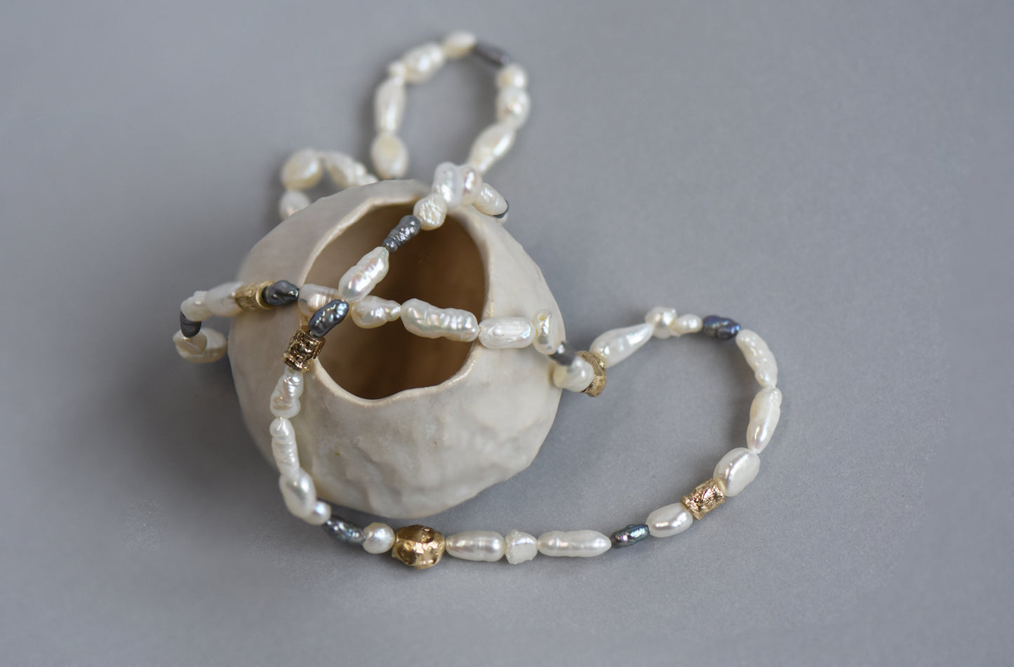 Pearl Necklace with Golden Bark Nuggets