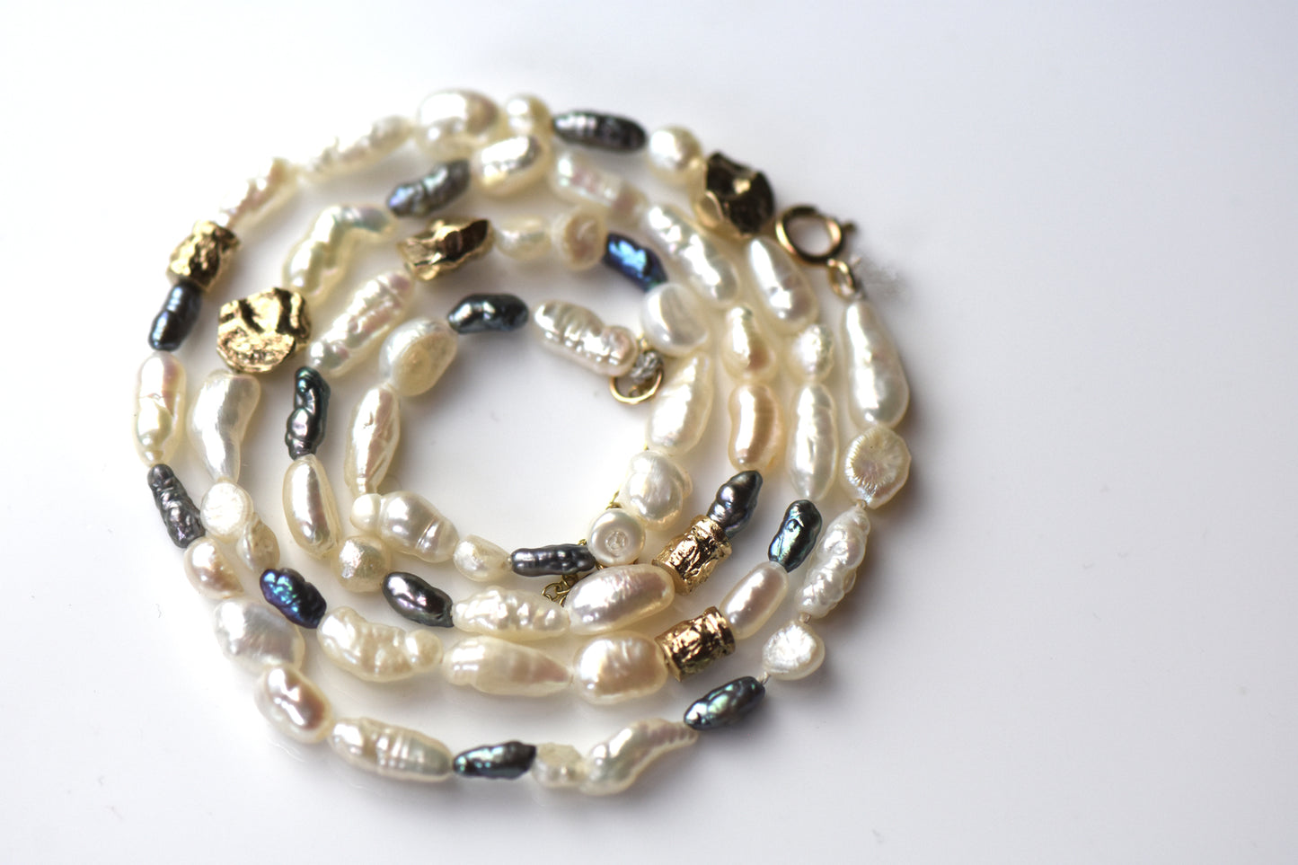 Pearl Necklace with Golden Bark Nuggets