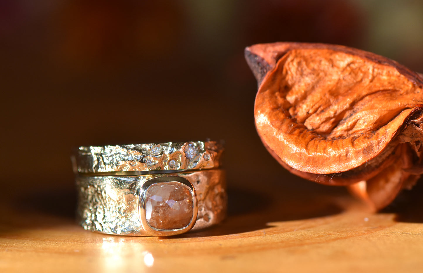 OOAK 14ct Gold Rose Cut Orange Diamond Ring