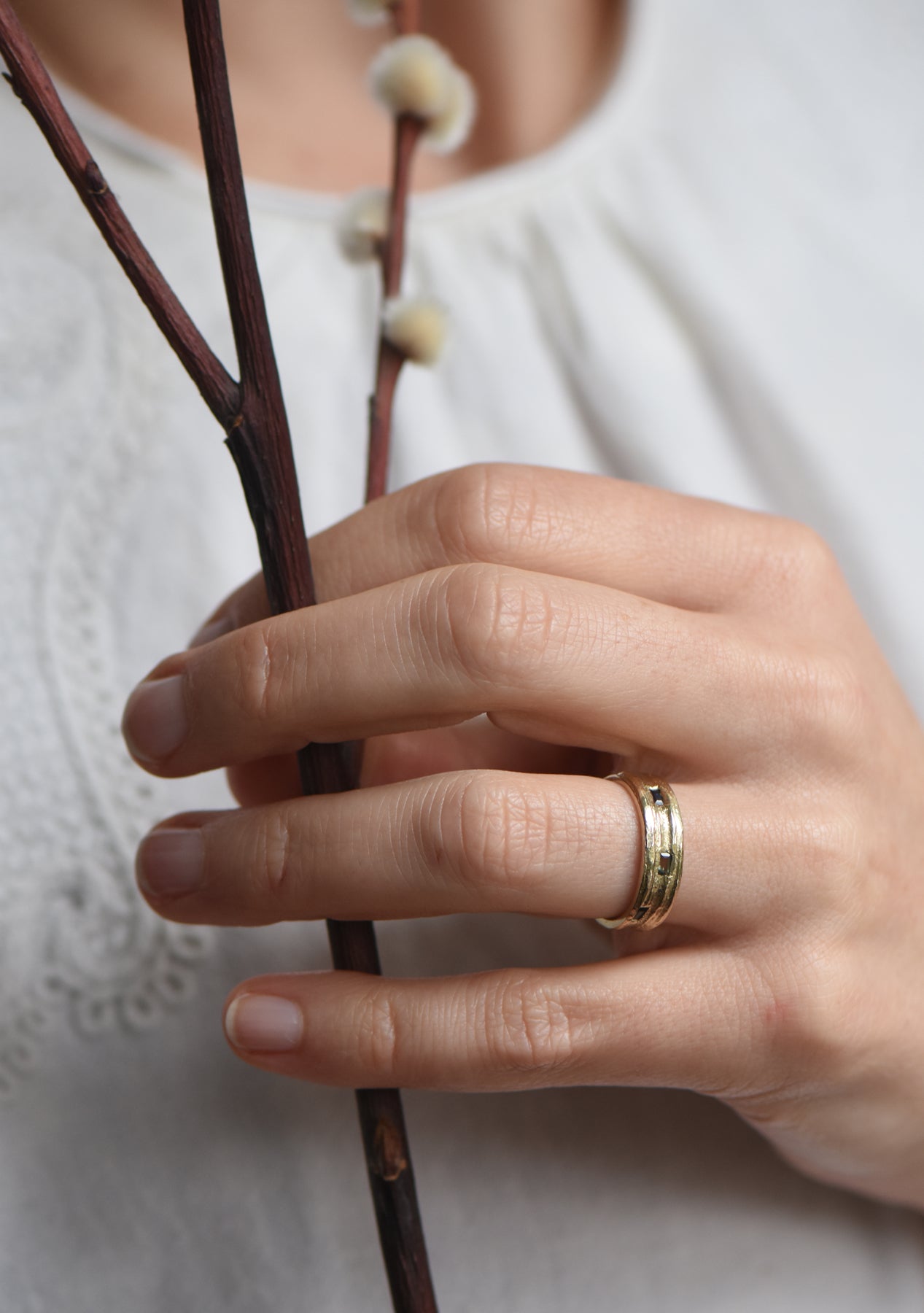 9ct Gold English Oak Ring with Green Sapphires and Blue Tourmaline Baguettes