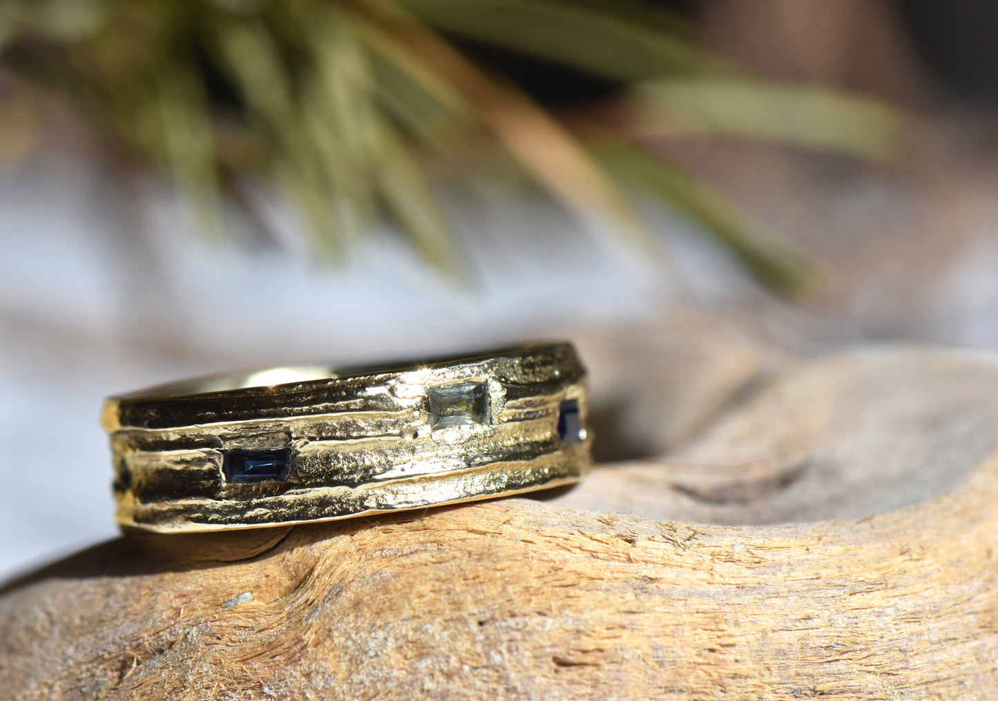 9ct Gold English Oak Ring with Green Sapphires and Blue Tourmaline Baguettes