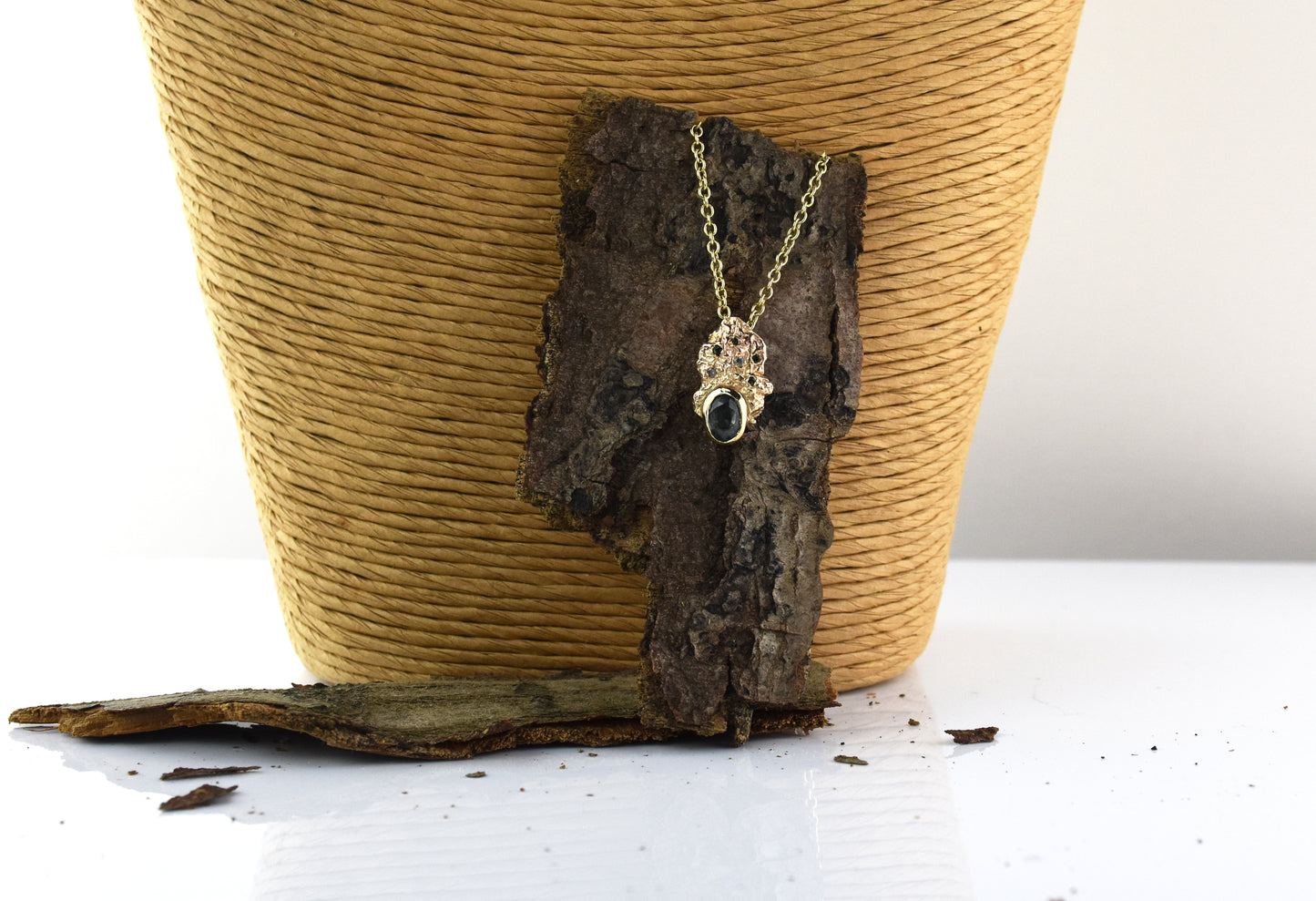 OOAK 9ct Gold London Plane Sapphire Scatter Pendant