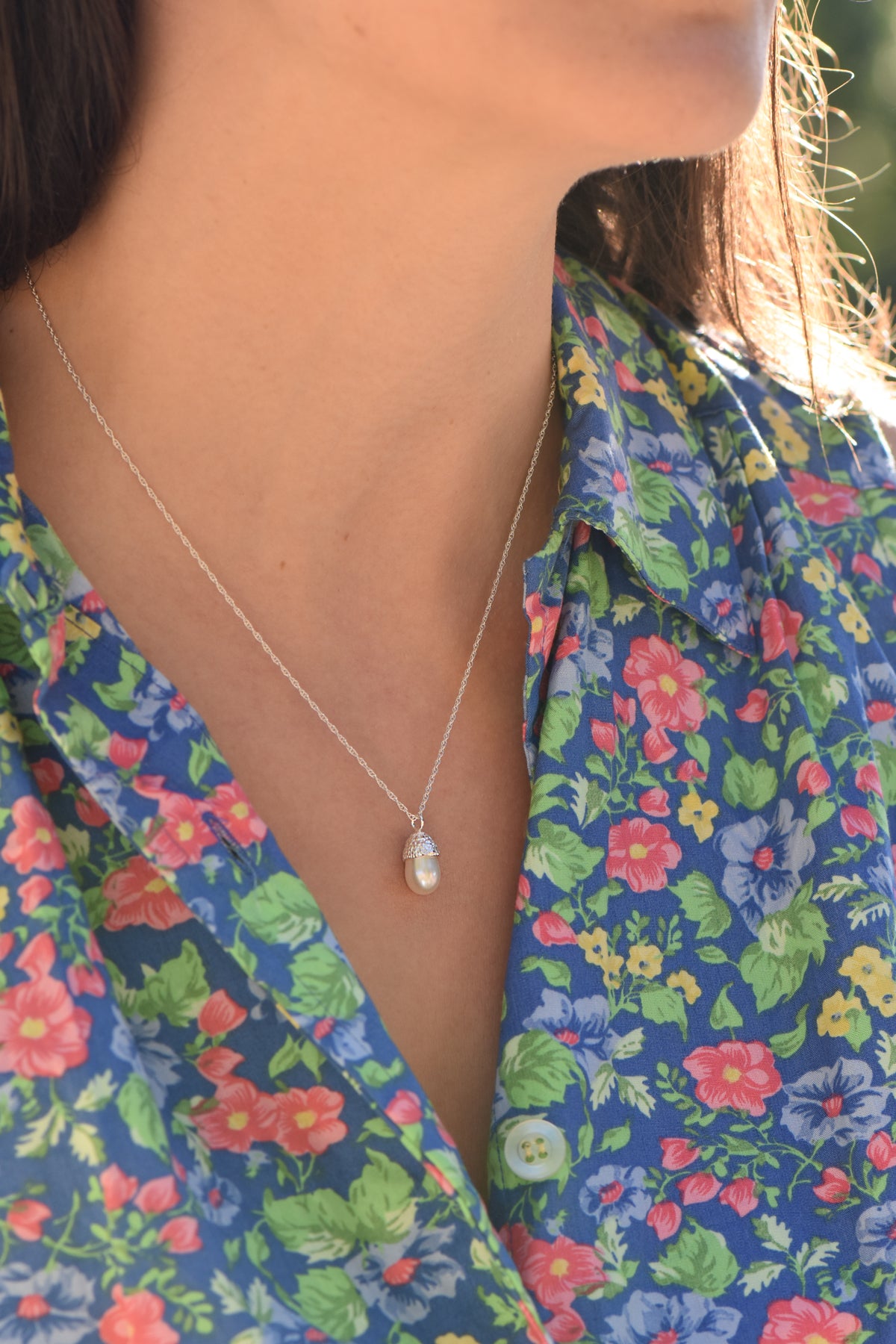 Silver and Pearl Acorn Necklace