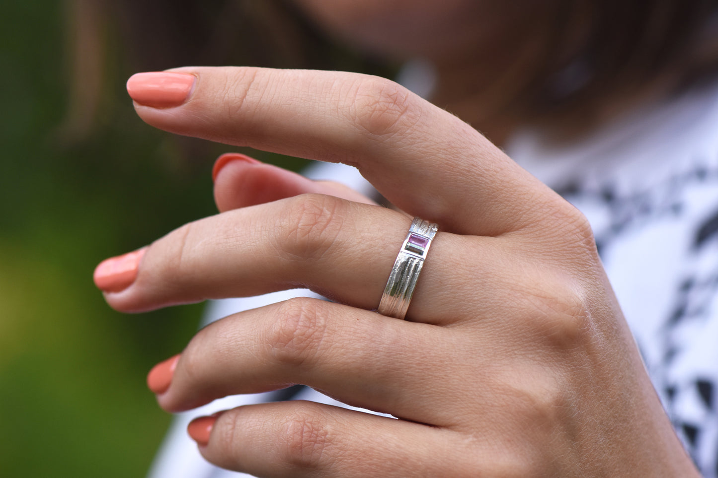 Wide Oak Band with Vertical Sapphire Baguettes