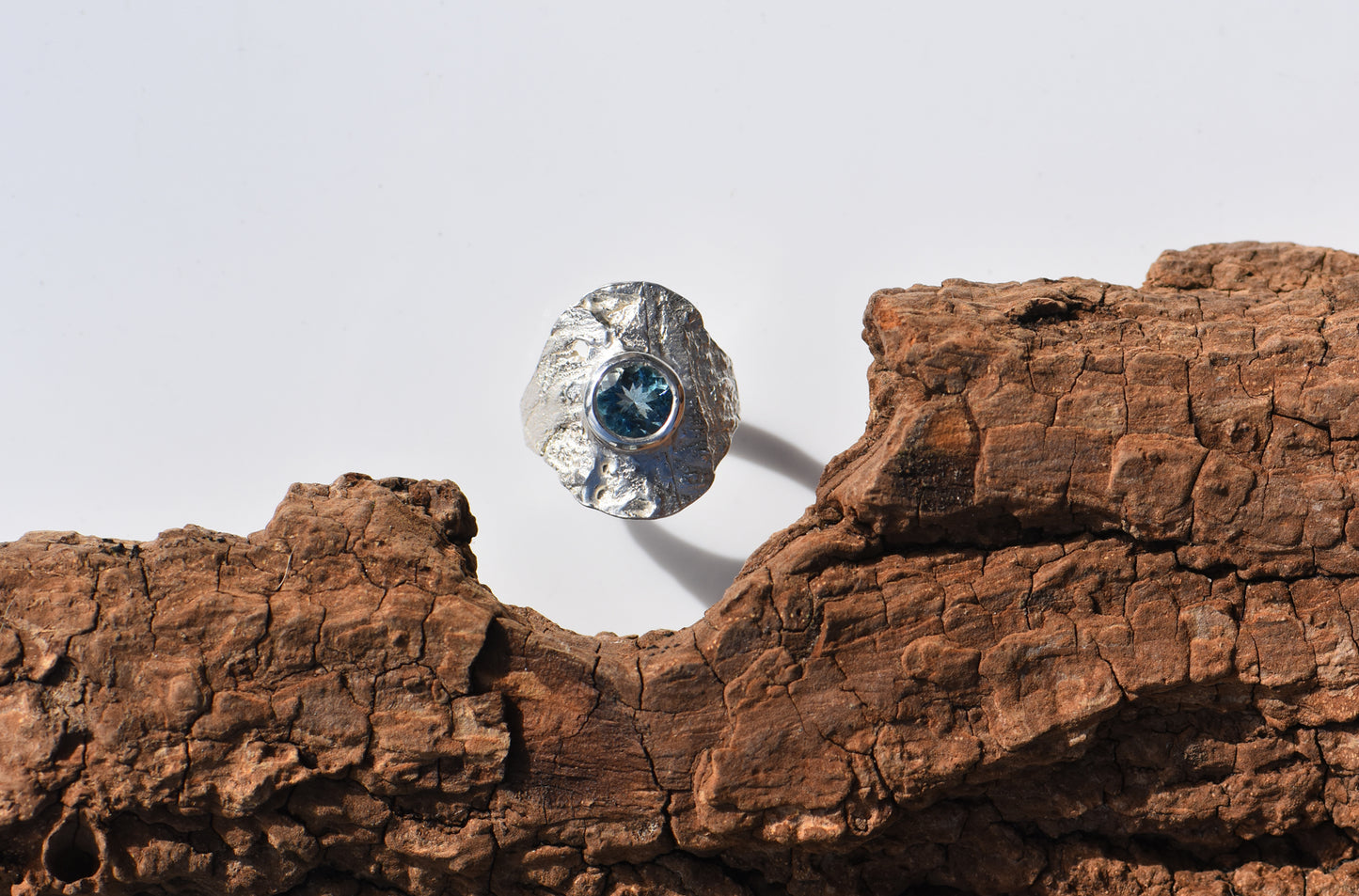 Cherry tree shield ring - silver and salt and pepper aquamarine