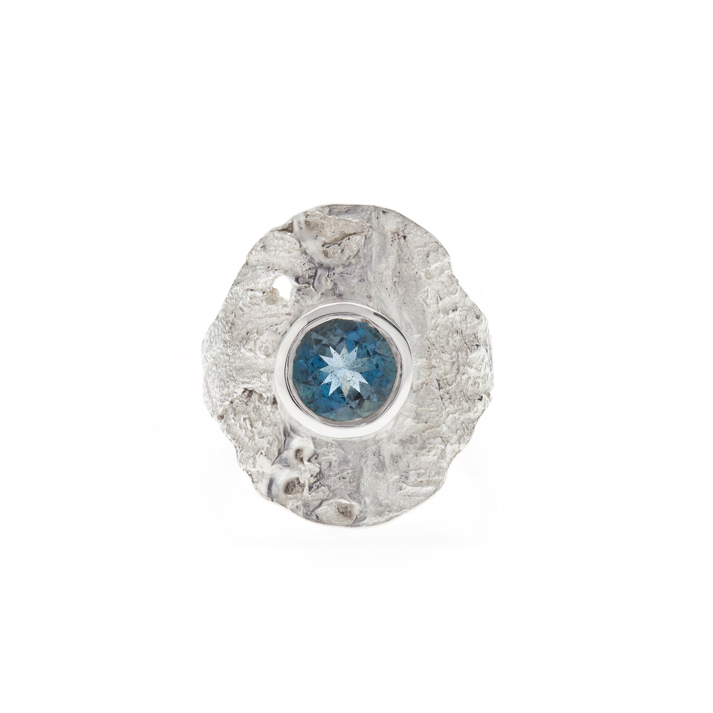 Cherry tree shield ring - silver and salt and pepper aquamarine