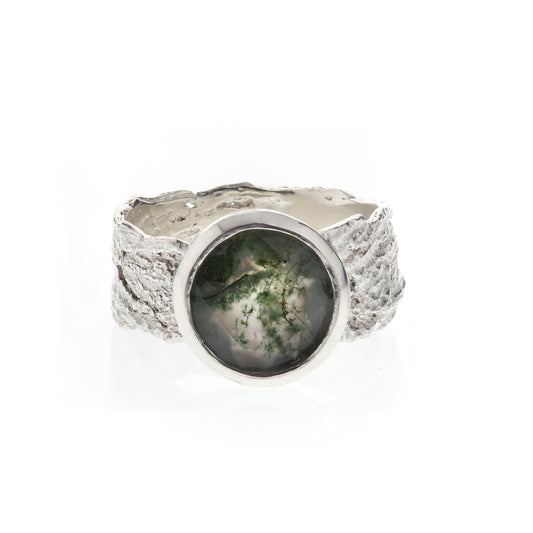 London Plane and moss agate ring - silver