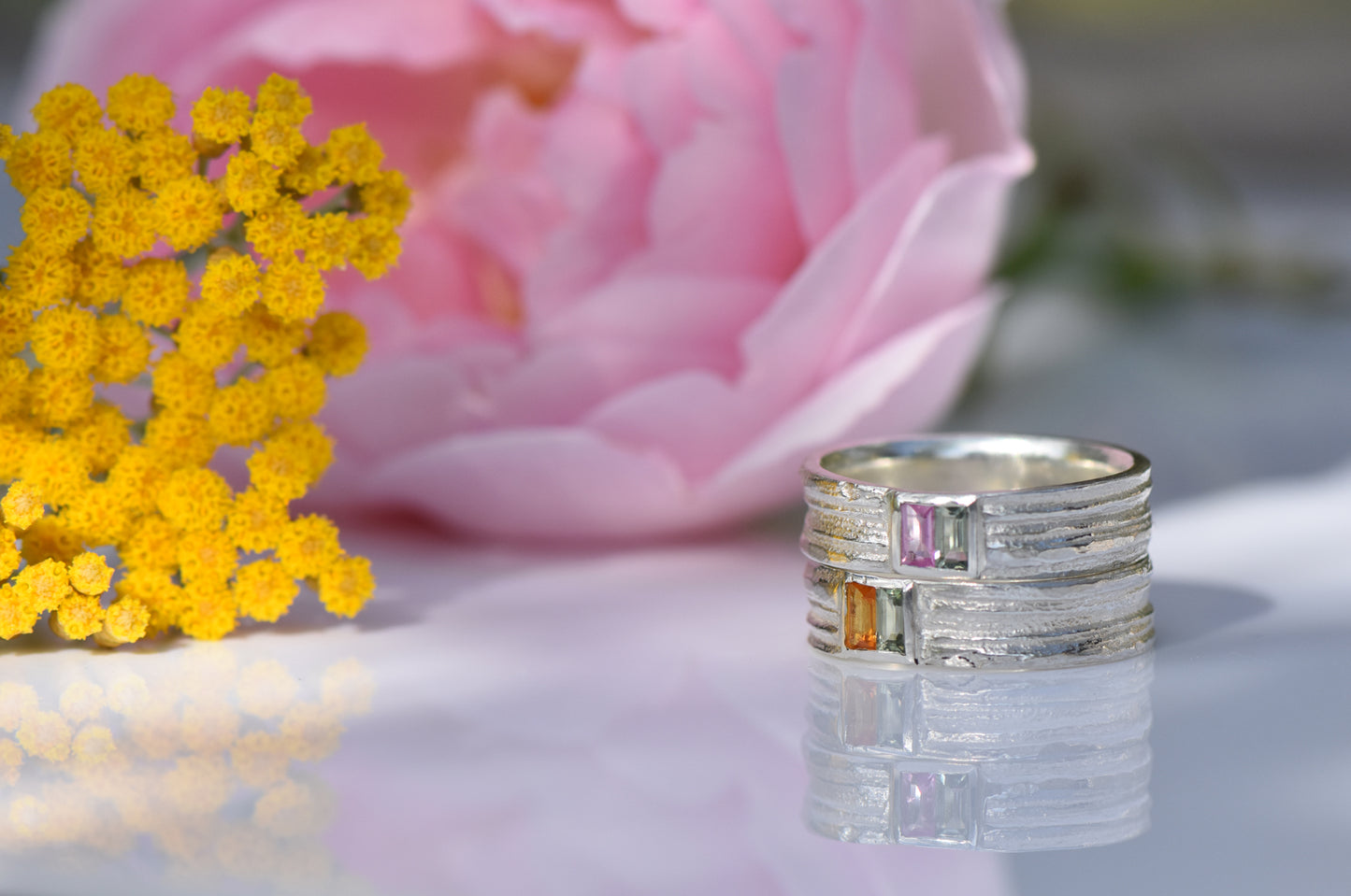 Wide Oak Band with Vertical Sapphire Baguettes