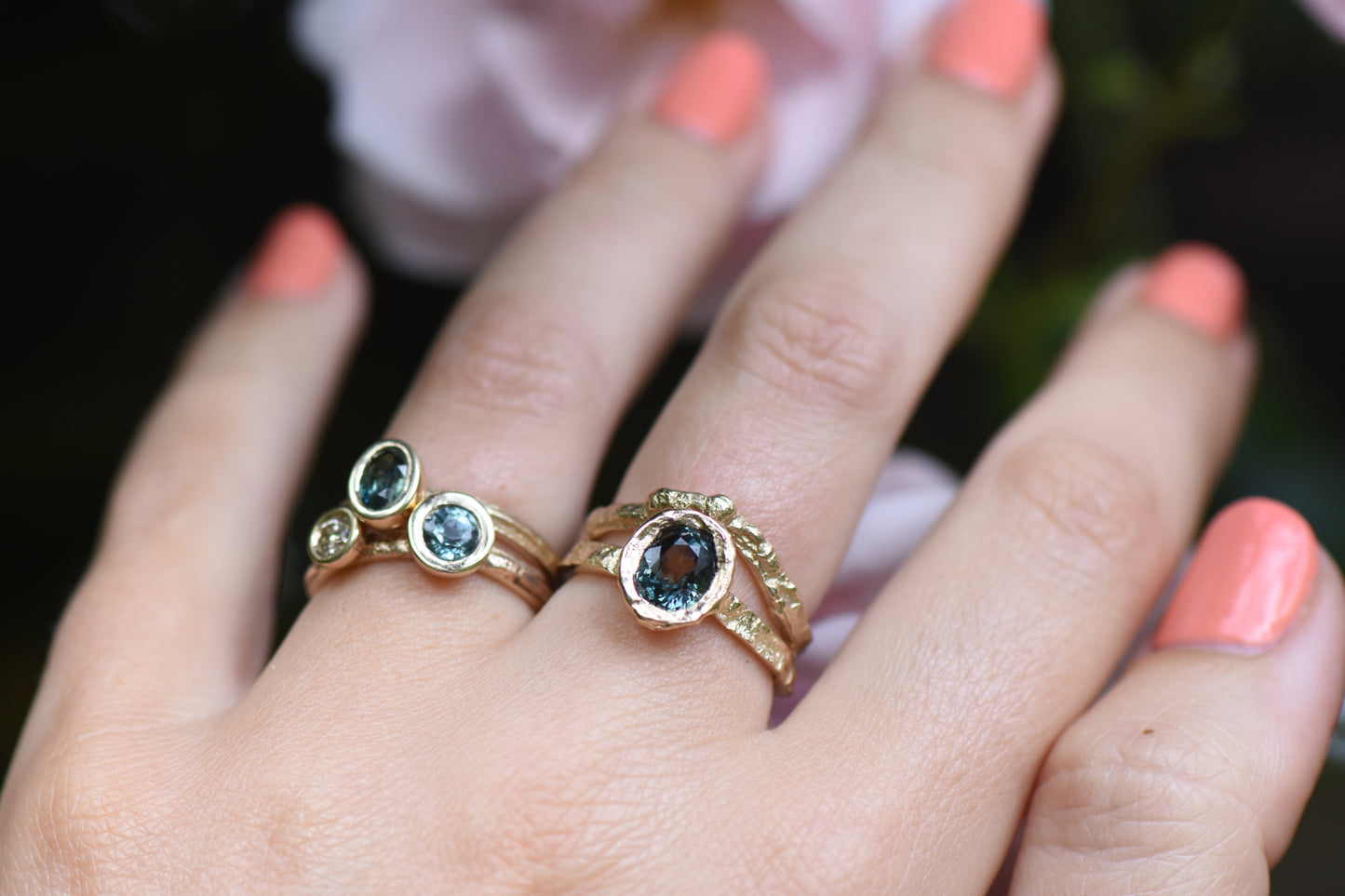 OOAK 14ct Gold and Blue Sapphire Hawthorn Ring