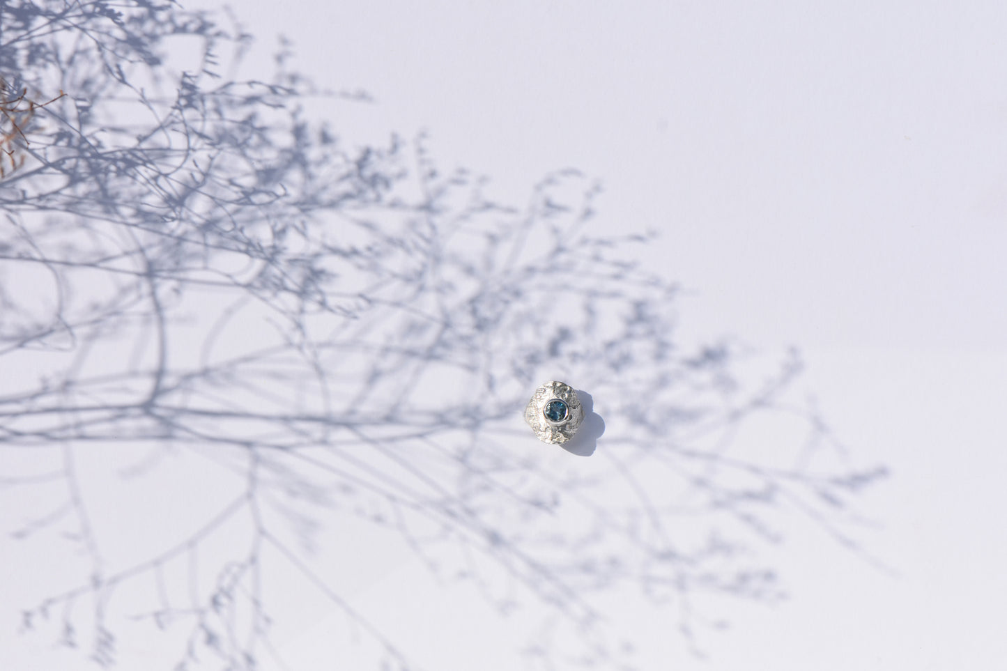 Cherry tree shield ring - silver and salt and pepper aquamarine