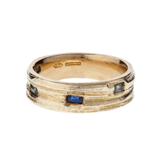 9ct Gold English Oak Ring with Green and Blue Tourmaline Baguettes