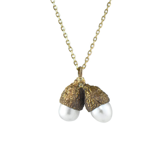 Bronze Double Acorn Cup Necklace with White Pearls