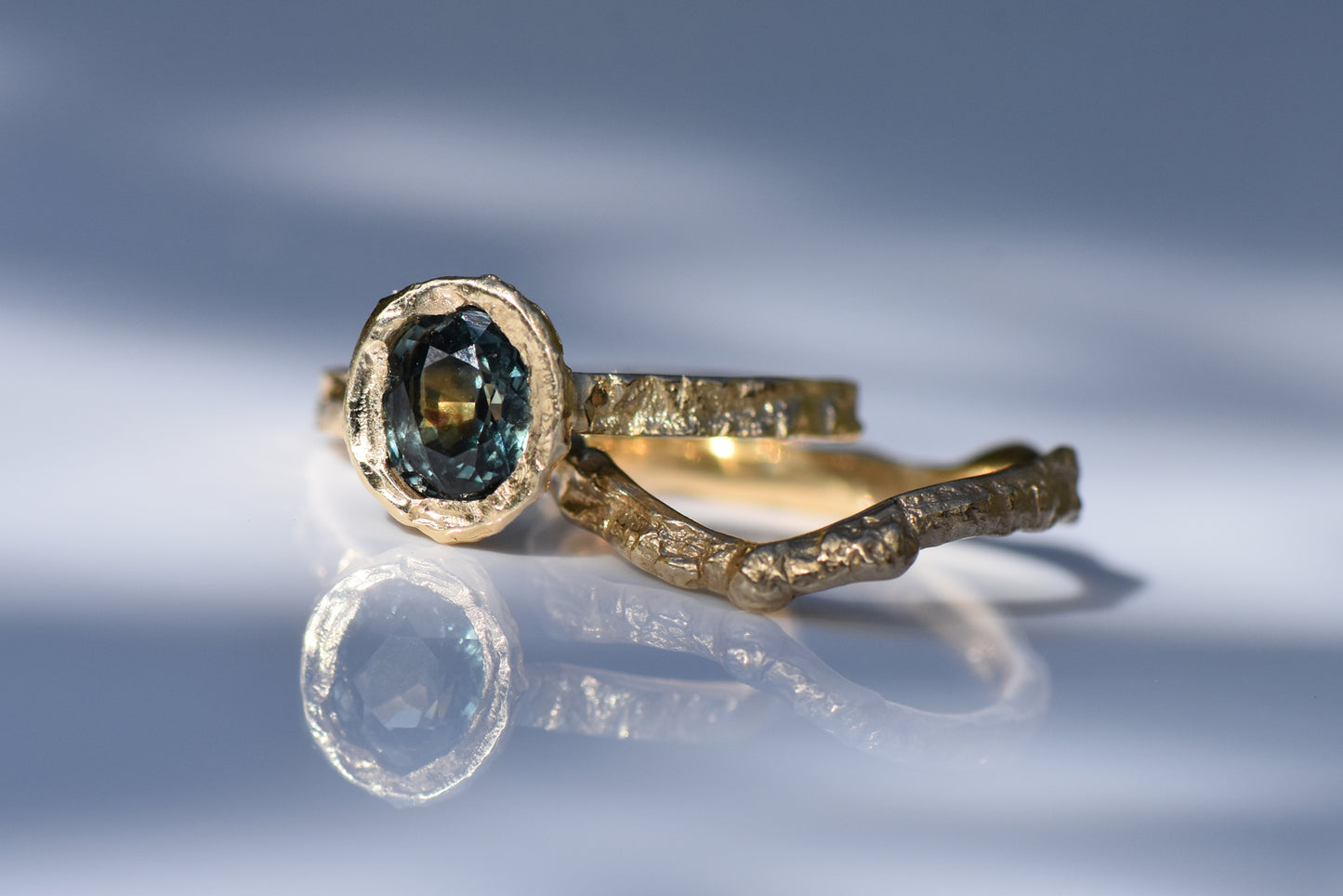 OOAK 14ct Gold and Blue Sapphire Hawthorn Ring