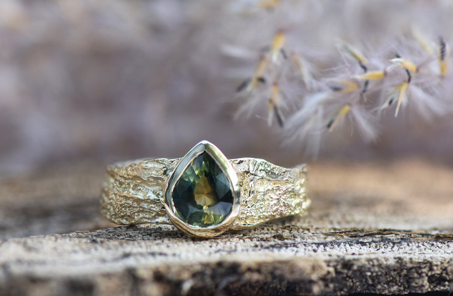 14ct Gold and Green Montana Sapphire on wide London Plane Band