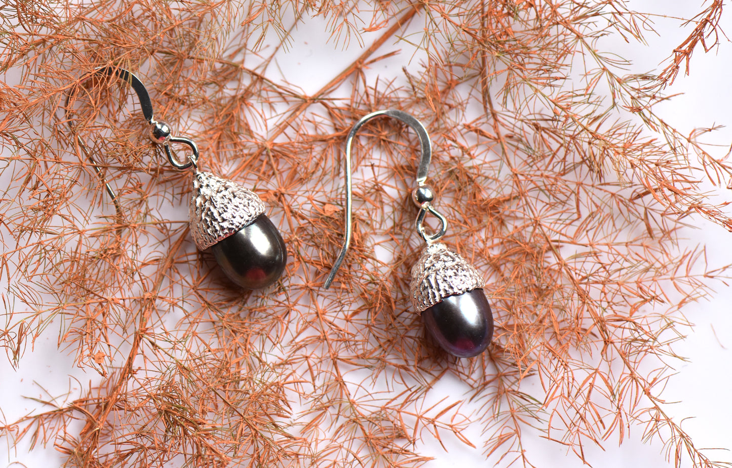 Silver and Purple Pearl Acorn Earrings