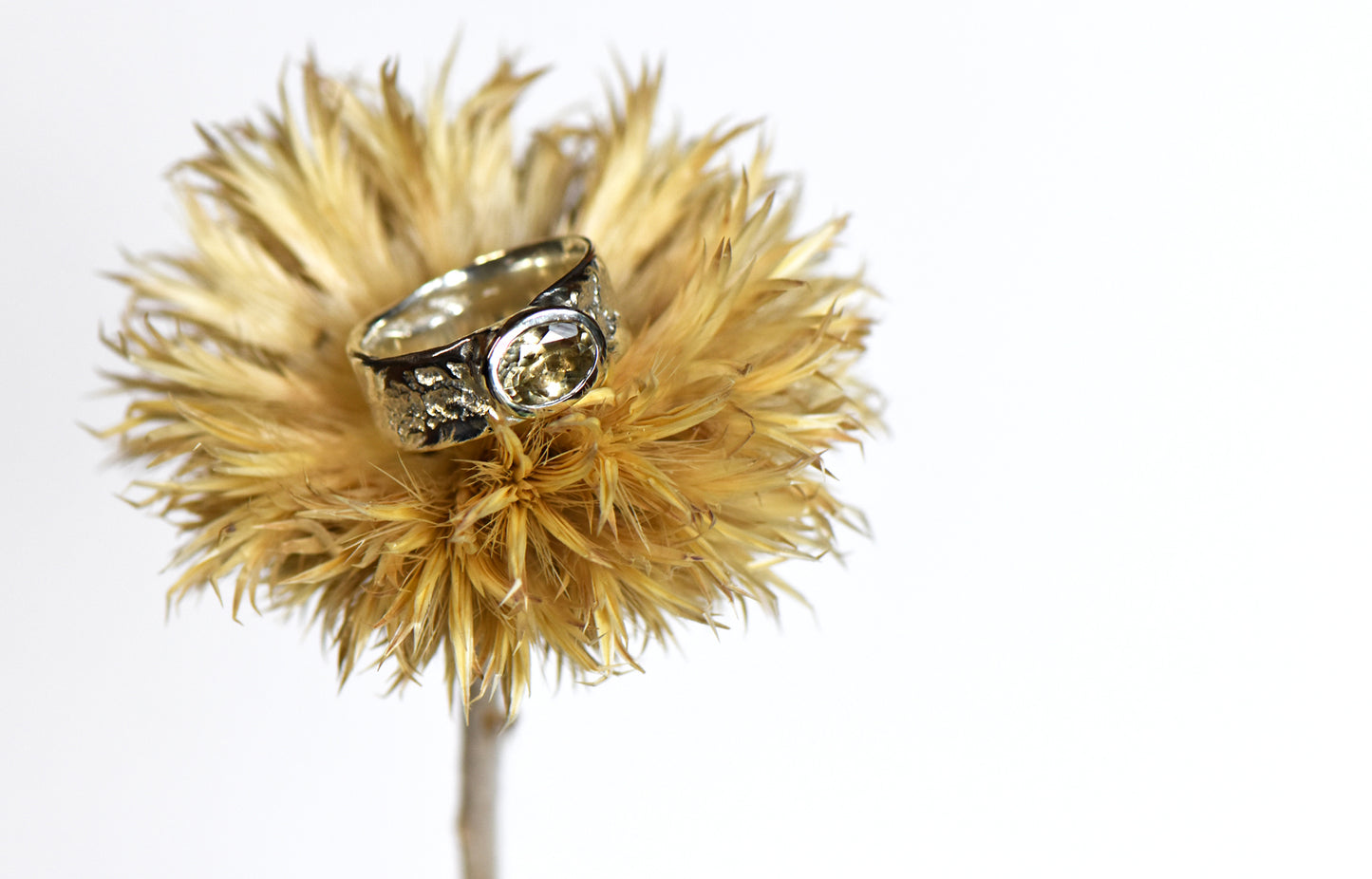 Yellow Tourmaline and Silver Reverse English Oak Ring