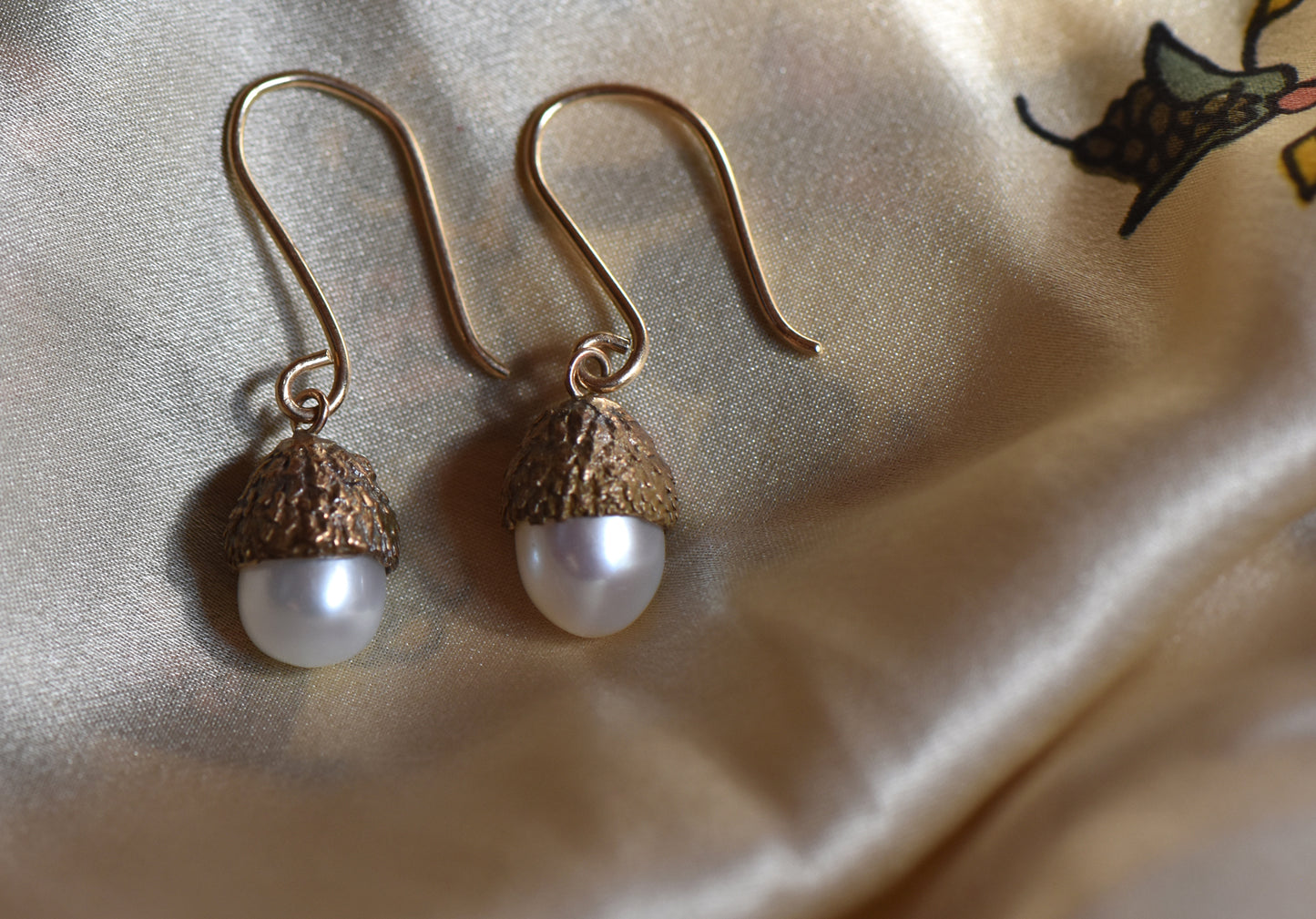 Bronze Acorn Pearl Drop Earrings