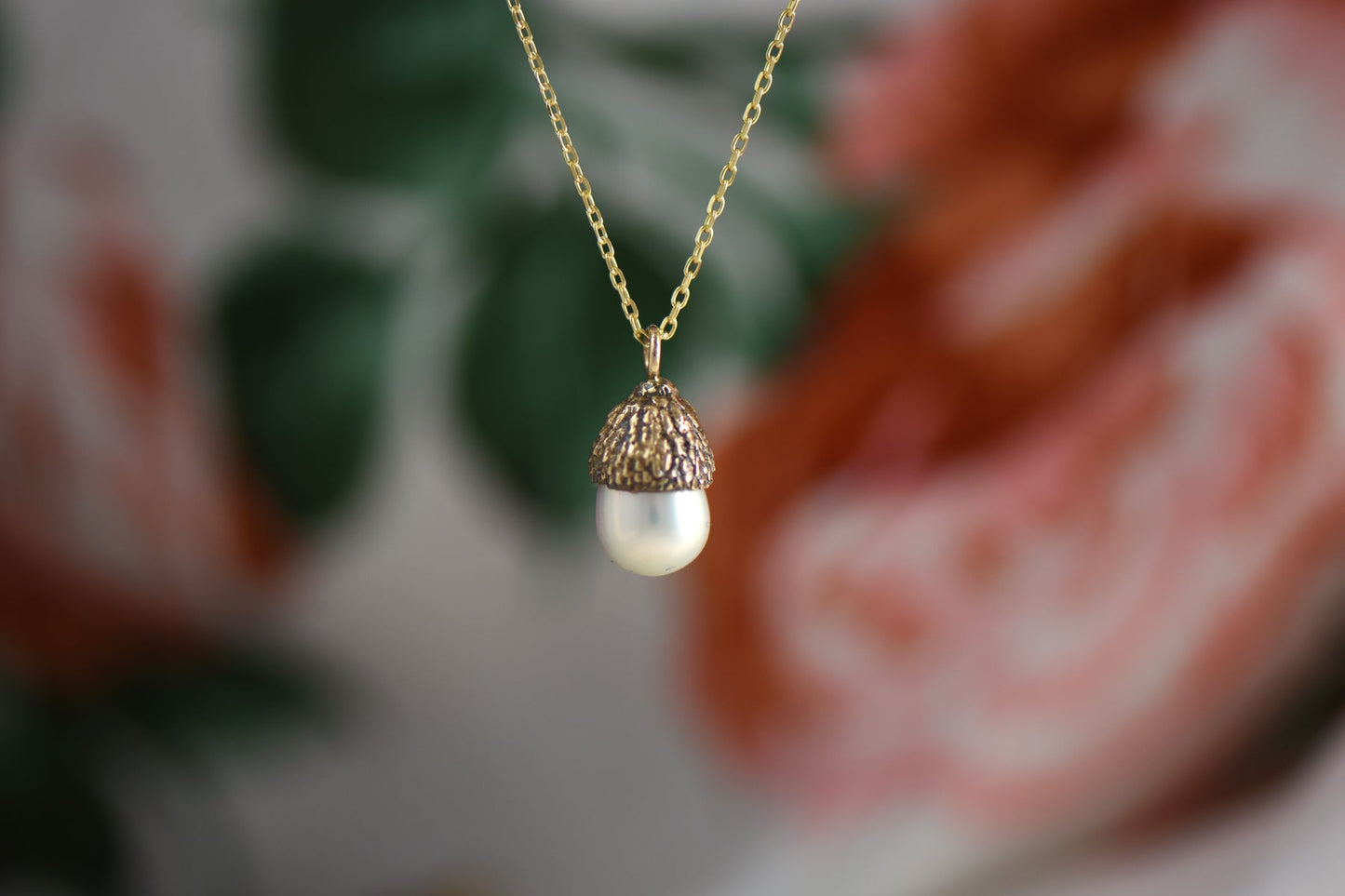 Bronze and Pearl Acorn Necklace