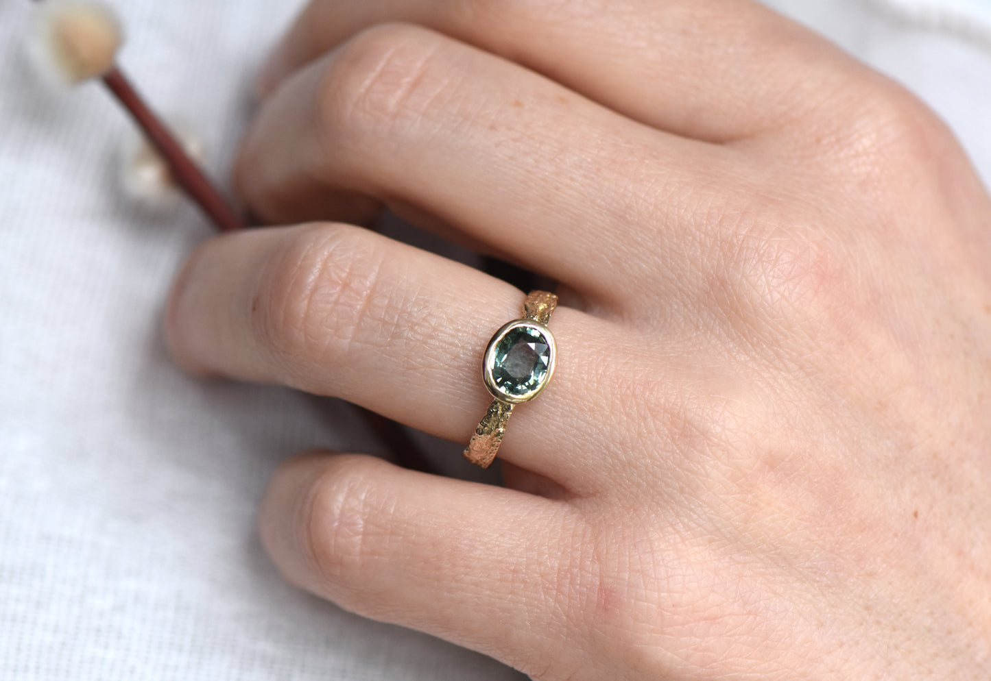 14ct Gold London Plane Ring With Green Sapphire