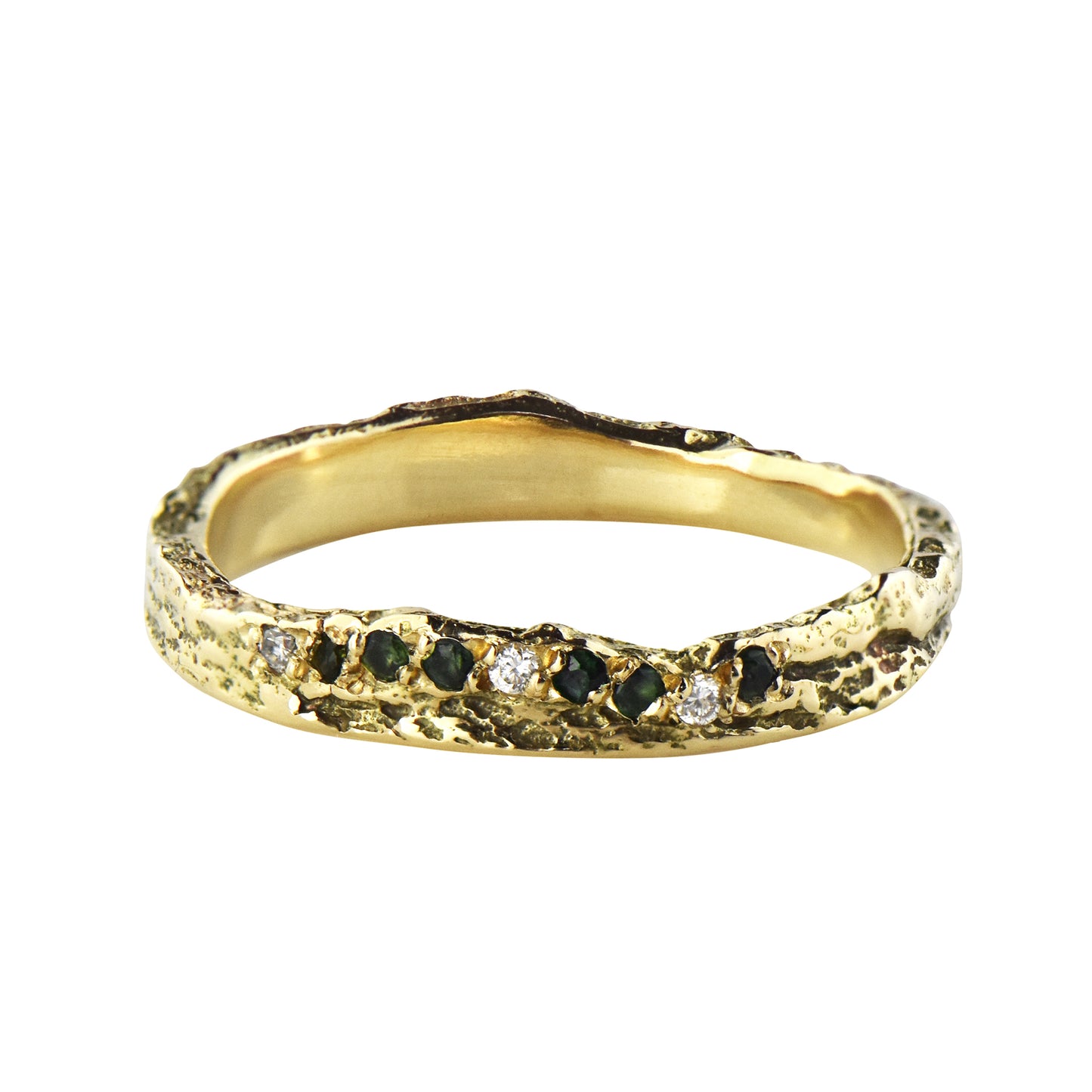 14ct Gold Skinny London Plane Ring with Diamonds and Tourmalines